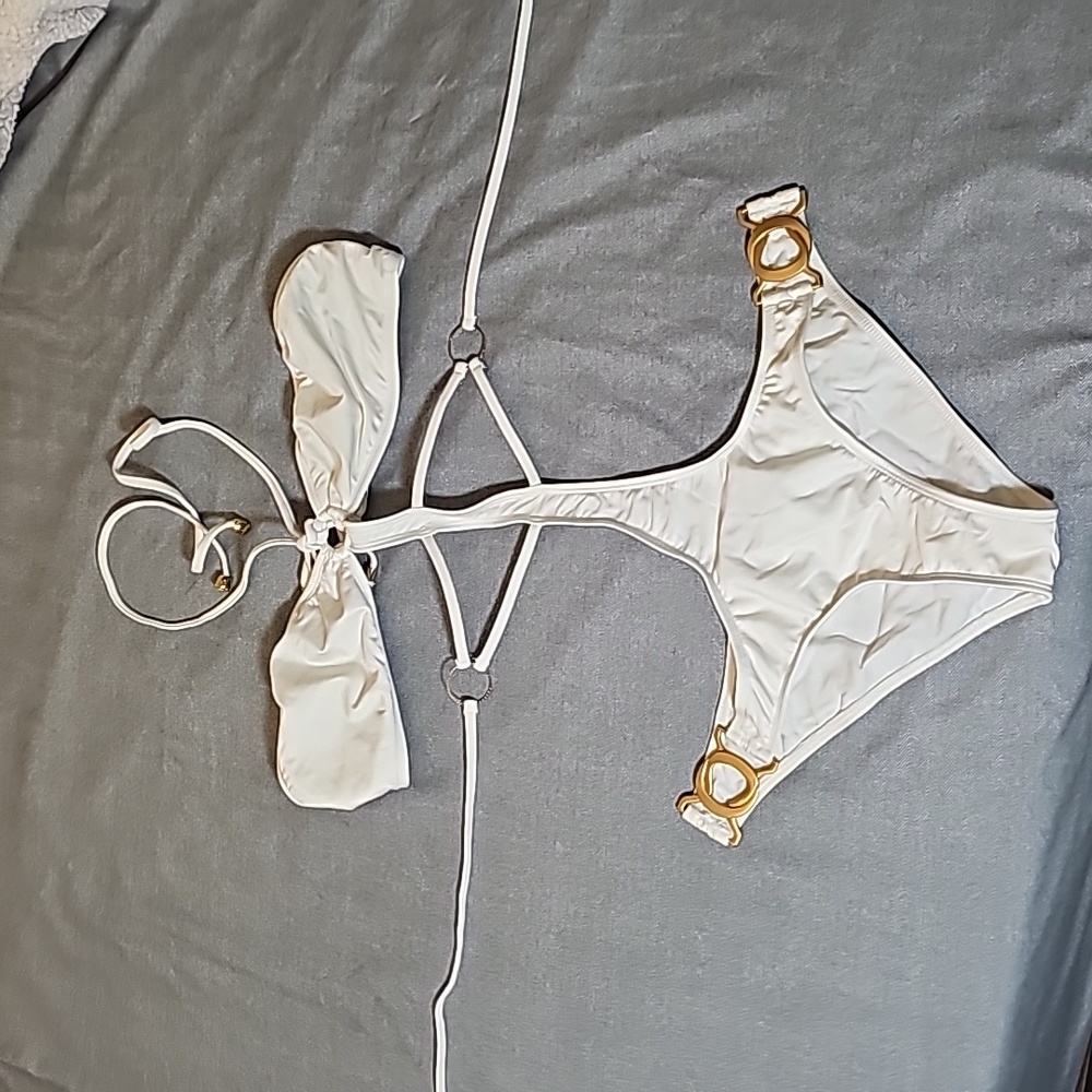 White bathing suit gold hardware